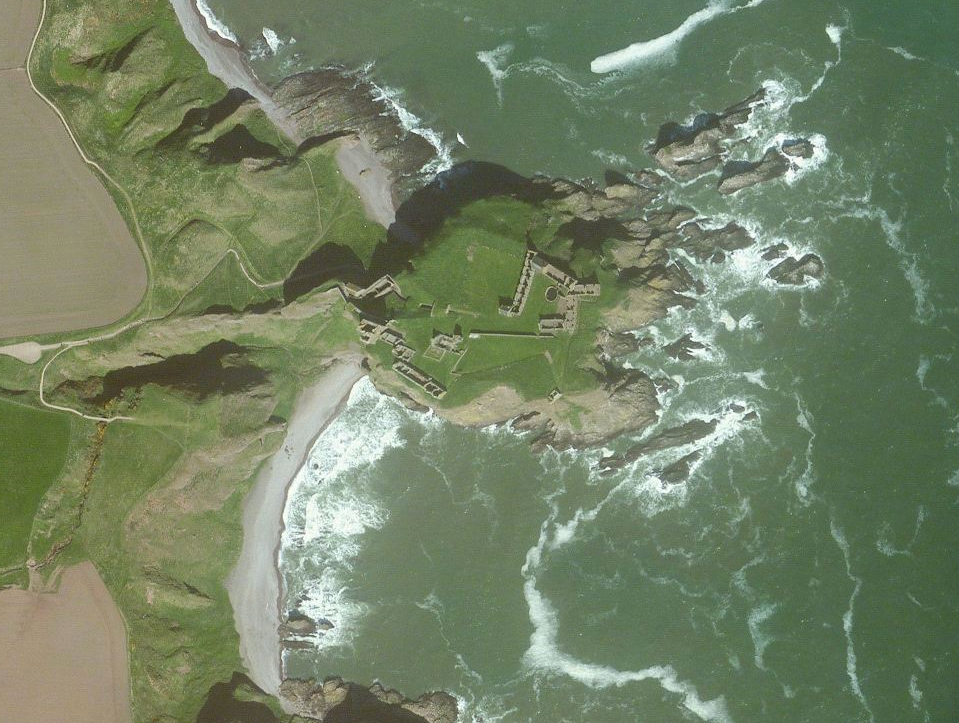 Aerial view of Dunnottar Castle in Scotland.